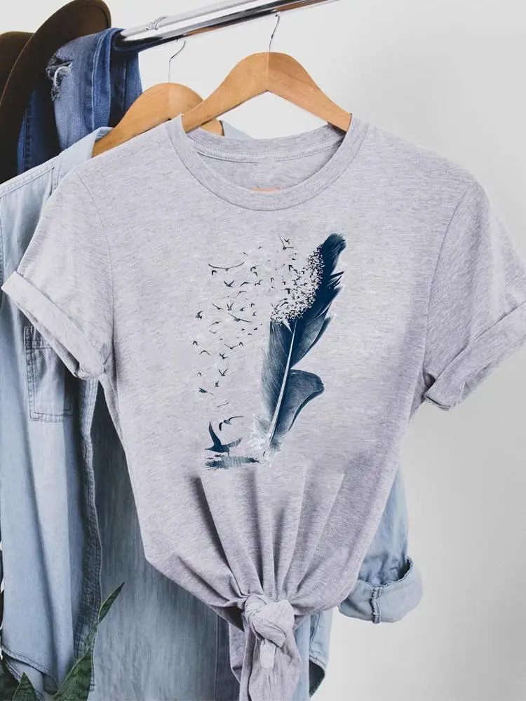 Clothes Women Female 90s Style Feather Lovely Sweet Summer T Clothing Print Graphic Tee Fashion Short Sleeve Casual T-shirts