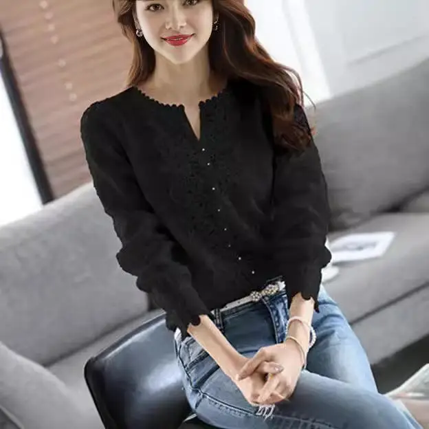 Camicetta da donna in chiffon con bottoni e diamanti, dettagli in pizzo, top lavabile per donne di mezza età e ly