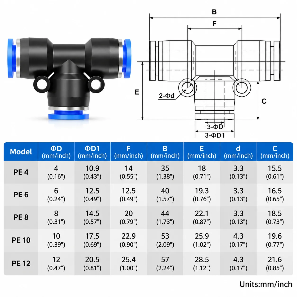 2/5PCS pneumatic quick connector air hose connector PE4 6 8 10 12mm T-shaped three-way quick connector air hose connector