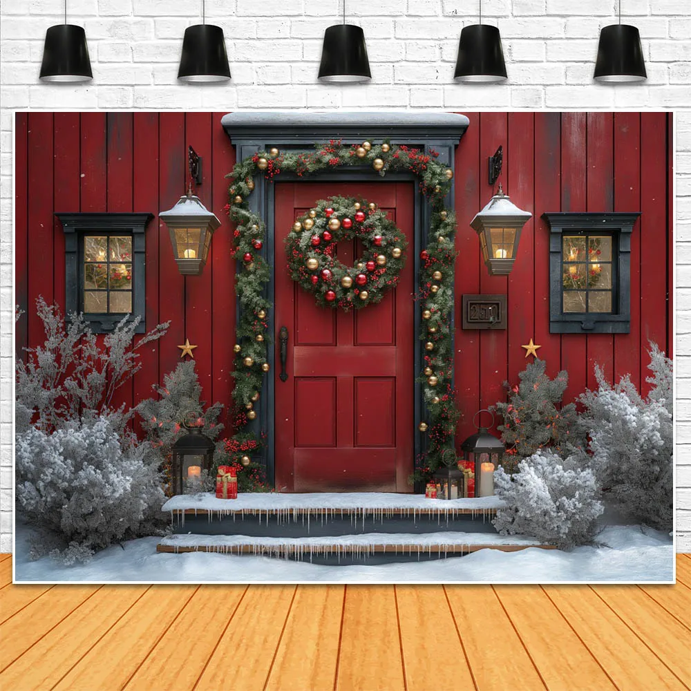 Mocsicka-写真、冬の雪の木、クリスマスリース、女性の肖像画、写真の背景の小道具のためのクリスマスの赤い壁とドアの背景