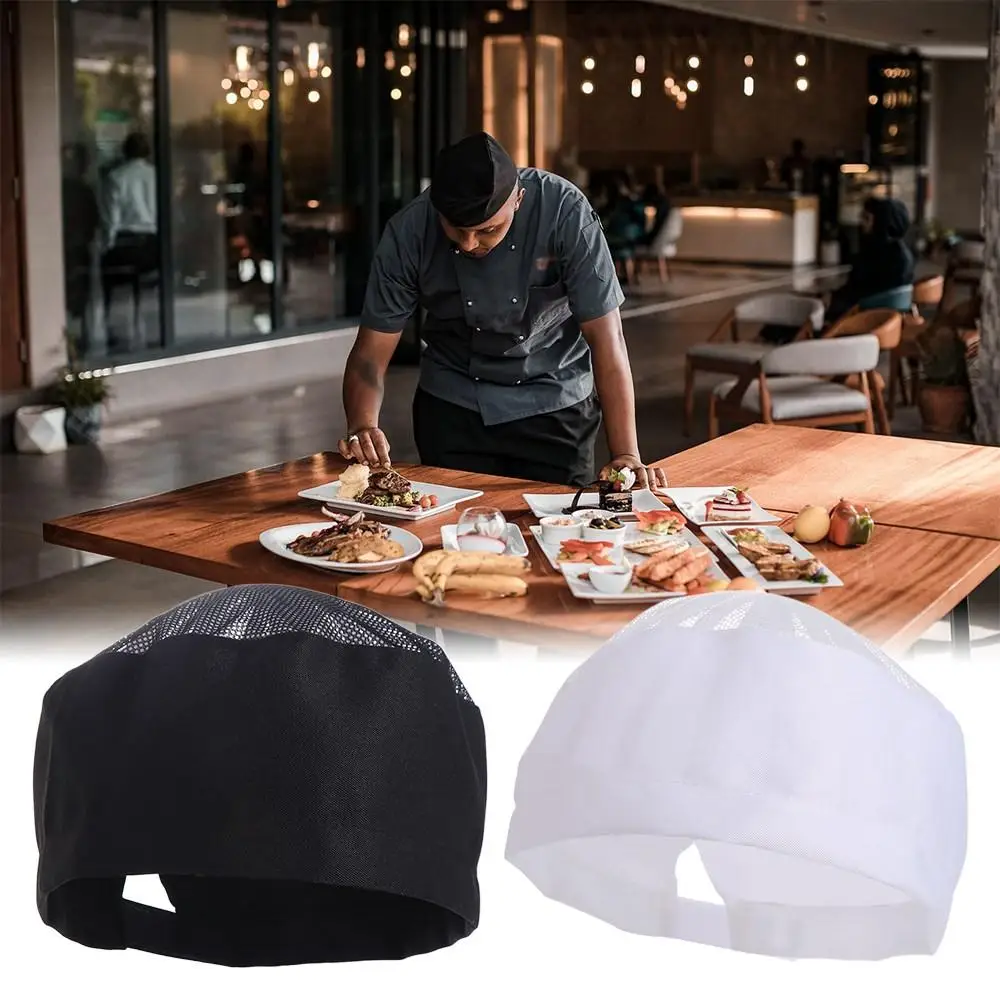 Japanese-Style Breathable Sushi Cap WIth Mesh Top Adjutable Strap Chef Flat Top Caps Black Single Layered Chef Hat