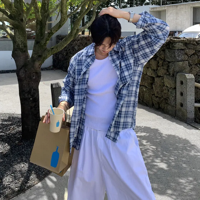 Plaid Shirt  Men  Korean Couple‘s Style Loose Fit Daily Casual Light Thin Coat Couple Shirt 30% Cotton Breathable, Sweat-Wicking