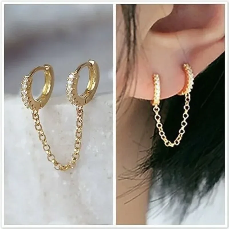 Fashion Double Ear Hole Round Tassel Chain Earrings Set Zircon Personalized Trend Earrings U-shaped Diamond Tassel Chain Earring