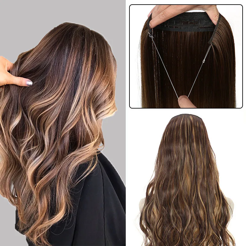 Grande Onda Peixe Sintético Rosca Extensões De Cabelo, Cabelo Encaracolado, Peruca Sem Costura Pedaços, Cortina De Cabelo