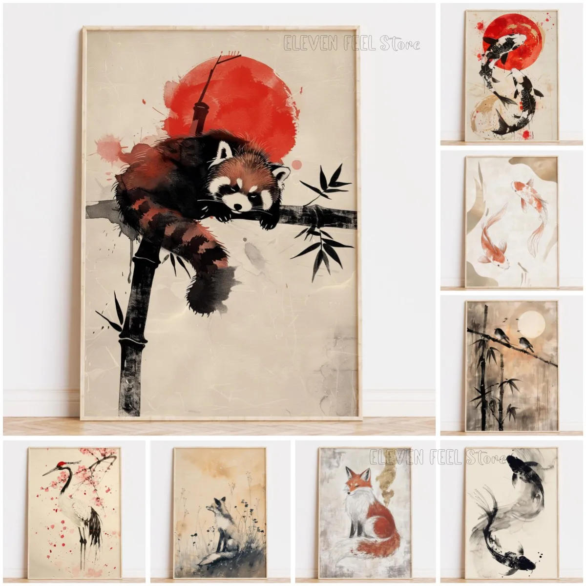 Arte Mural Japonés Neutral con Diseño de Animales, Impresión de Peces Koi Japoneses en Naranja y Blanco, Póster Abstracto con Detalles Dorados, Decoración Zen para Pared