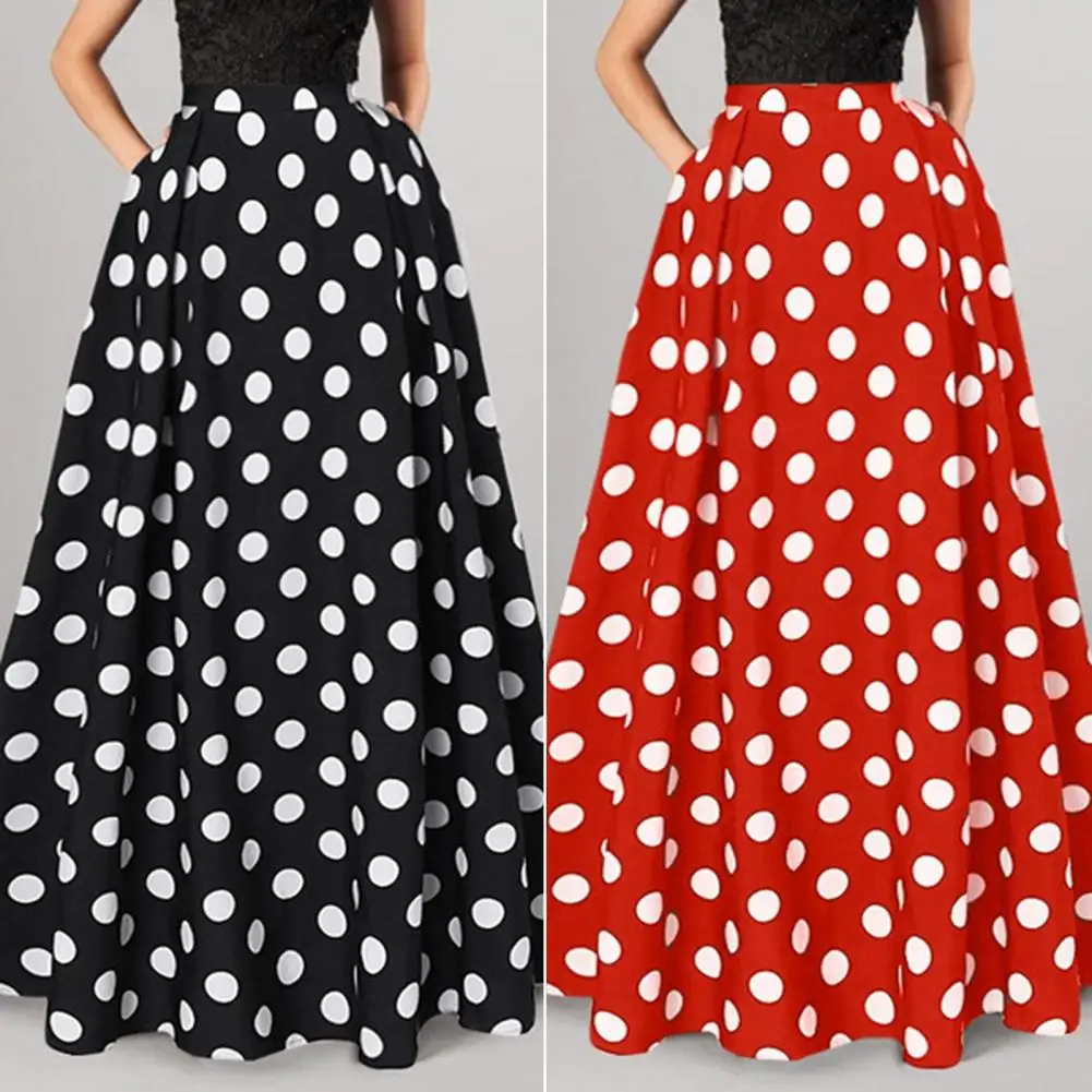 

Women Maxi Skirt High Waist Dot Print Retro A-line Big Hem Side Pockets Loose Soft Elastic Waist Lady Party Long Skirt