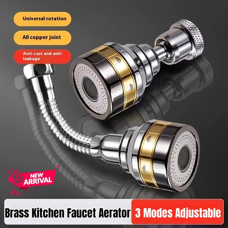 3 Water Flow Brass Kitchen Faucet Aerator 360° Swivel Spray Head Stainless Steel Extender Splash-Proof Pressure-Boosting Nozzle