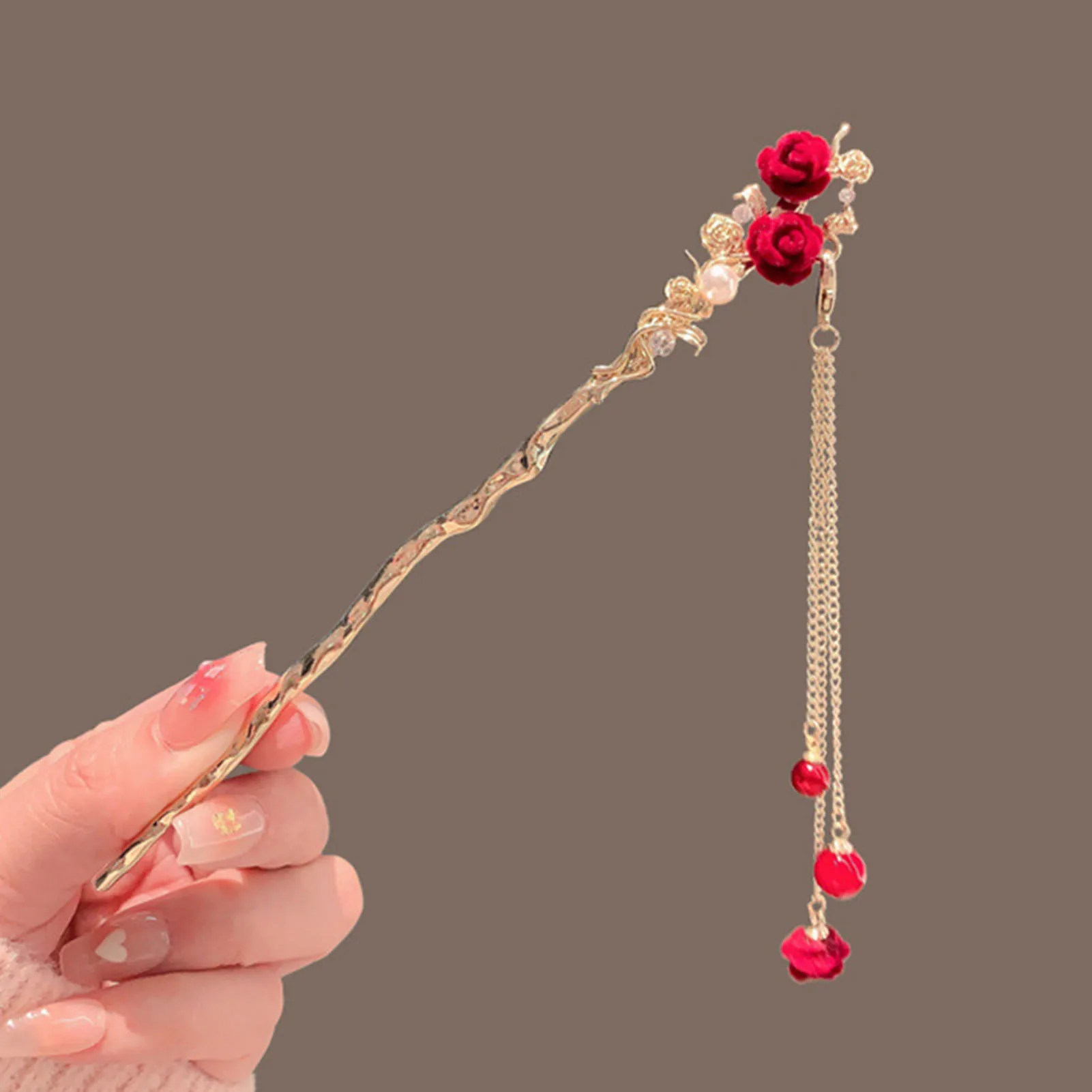 Rose Flower Hair Stick Classic Golden Long Tassel Hairpin Chinese Hanfu Hair Accessories Lady Cheongsam Decor Hair Jewelery