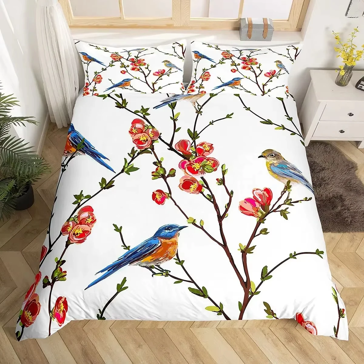 Cartoon Birds Duvet Cover Set Watercolor Branches Animal Bedding Set Comforter Cover Adults Kids Single Full Size Quilt Covers