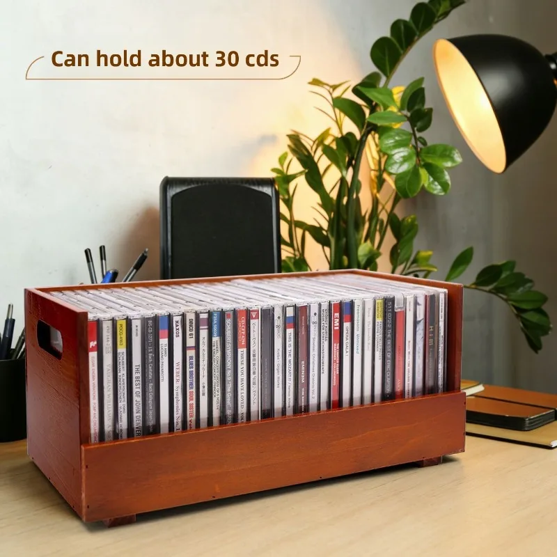 Wooden CD Storage Box Holder 30PCS CD CasesRack Shelf with Handles  Organizer for Movie Cases Music Cassette Tapes Record Crates