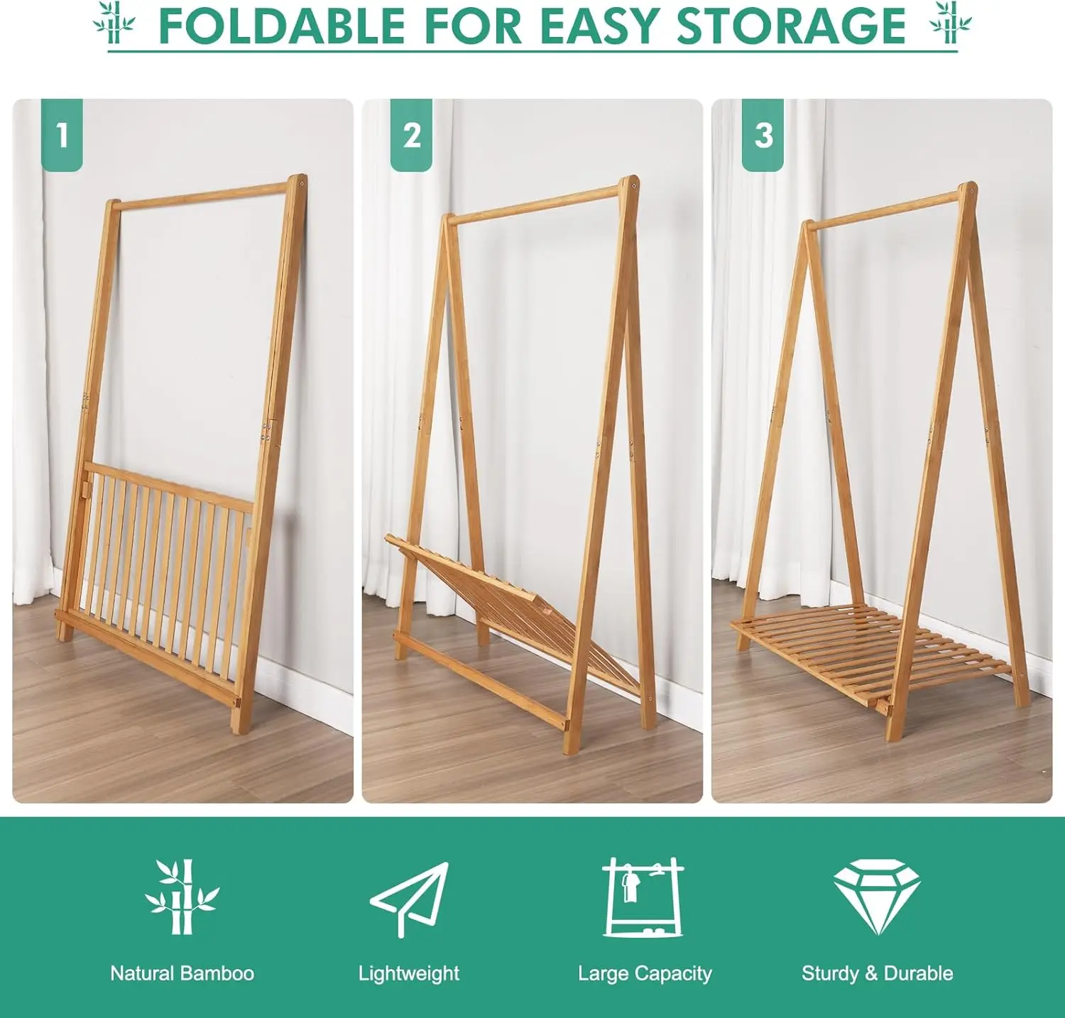 Kids Bamboo Clothes Rack with Shelf for Playroom, Bedroom Storage and Costume Organizer