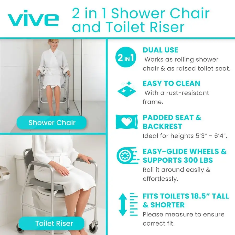 Shower Chair amp Toilet Riser with Wheels Rolling Bathroom Seat for Elderly, Disabled, Handicapped Adjustable Senior Raised Bath