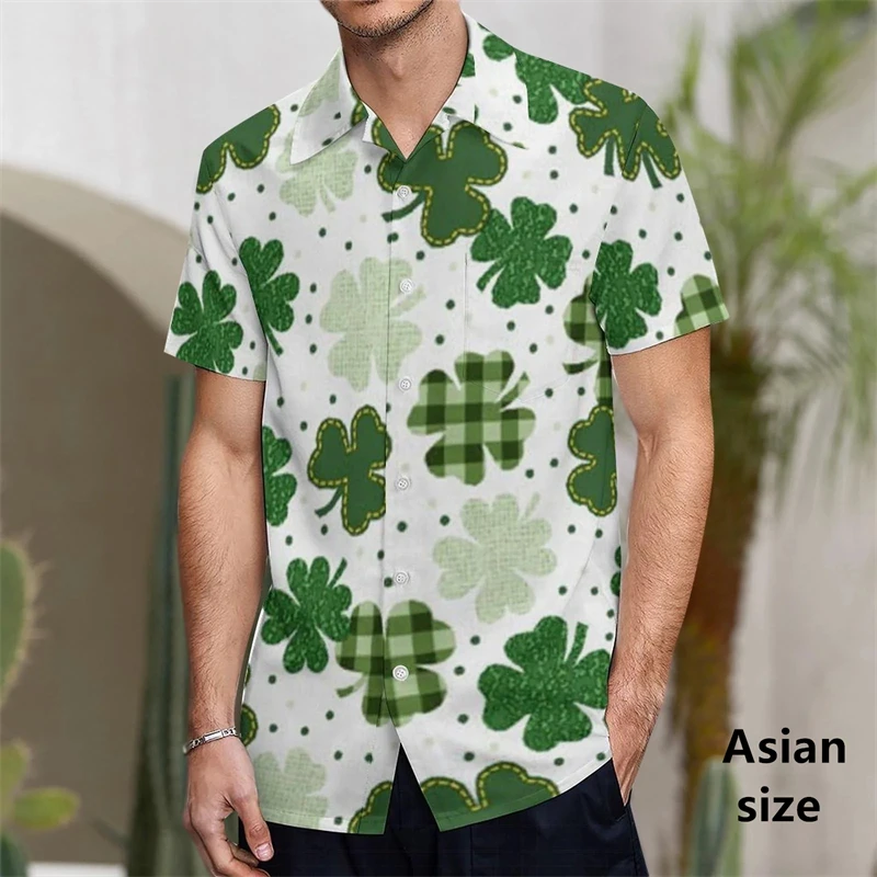 Men's Shirts St. Patrick's Day 3D Print Lucky Four Leaf Clover Printing Street Outdoor Casual Fashion Spring Button Women Blouse
