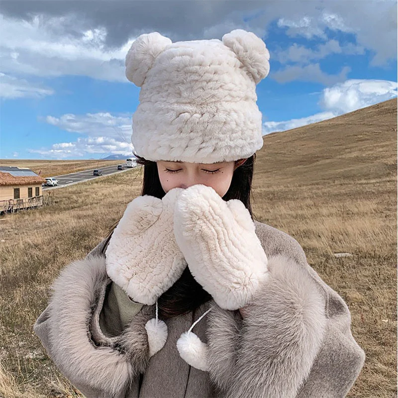 

Russian Women's Little Bear Hat Korean Edition Winter Otter Rabbit Hair Fashion Cute Knitted Hat Outdoor Warm Ski Hat