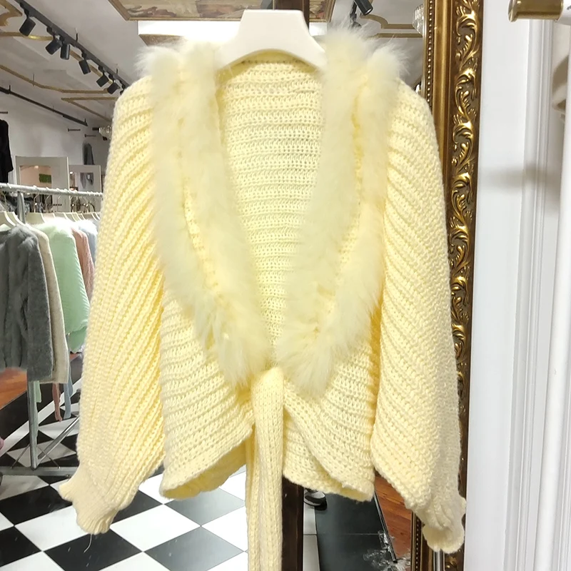 2025 Cardigan lavorato a maglia allentato con maniche a pipistrello autunno donna con vera pelliccia di volpe Moda maglieria a maniche lunghe Capispalla femminile
