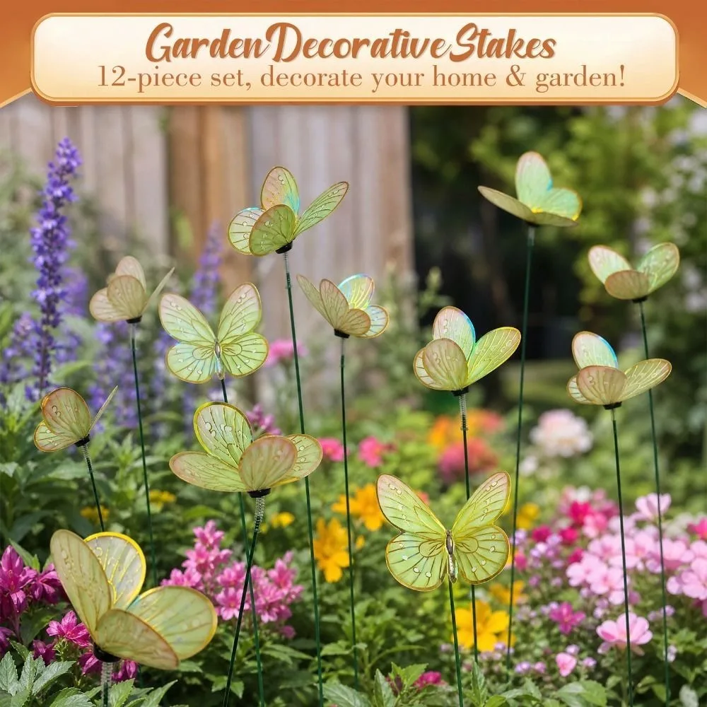 12PCS Multicolor Butterfly Garden Stakes 3D Butterfly Bonsai Ornament Flowerpot Stakes Photo Props Decoration Stakes