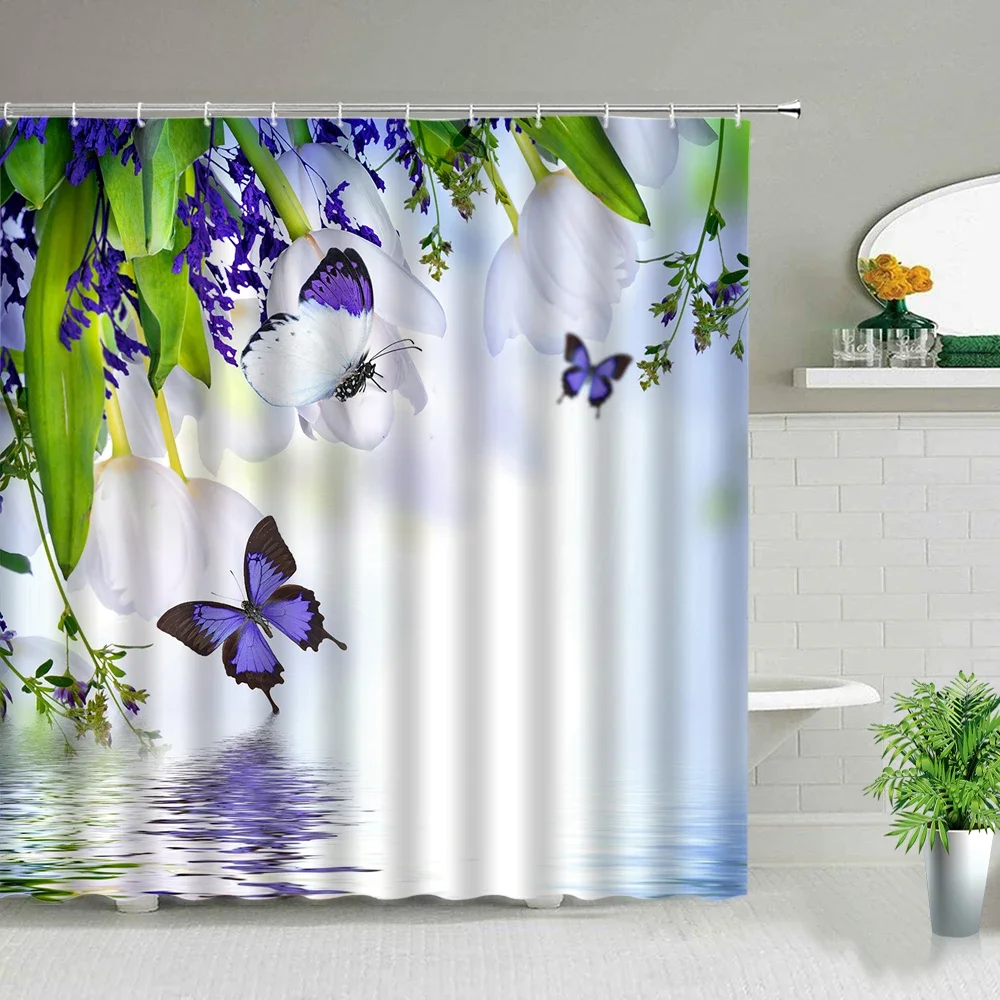 Butterfly Pink Flower Shower Curtain Spring Scenery Floral Plant White Dandelion Yellow Sunflower Red Tulip Print Bath Curtains