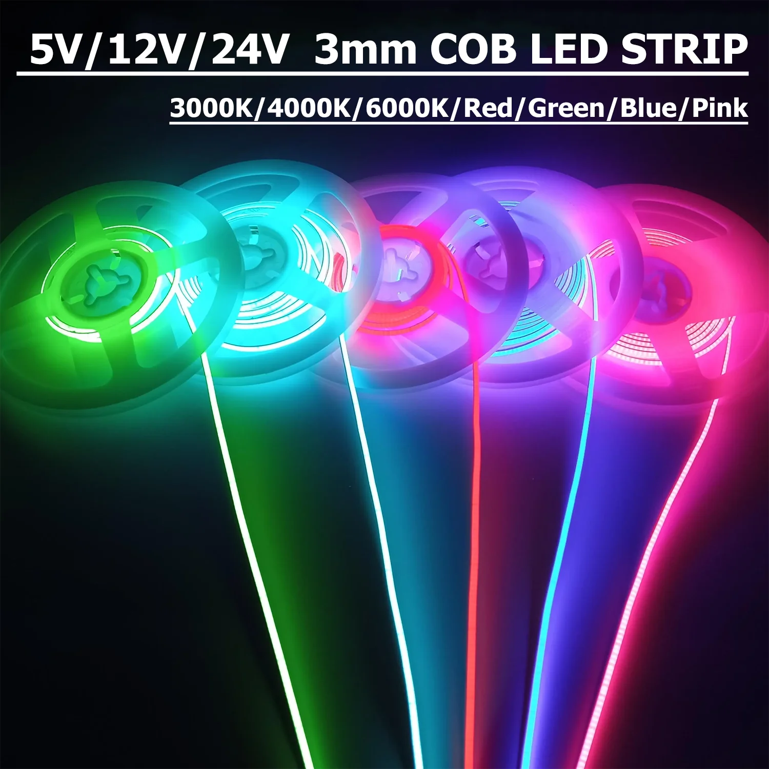 5V 12V 24V Colorful COB LED Strip lights Ultra Thin 3mm Dimmable Tape White/Pink/Red/Green/Ice Blue for room decor car light bar