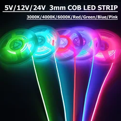 Colorido COB LED Strip Lights para decoração do quarto, Ultra Fino, Fita Regulável, Branco, Rosa, Vermelho, Verde, Ice Blue, 3mm, 5V, 12V, 24V, barra clara do carro