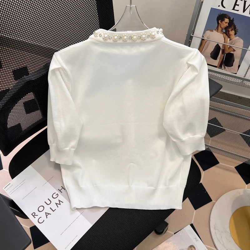 Summer 2023 New Fashion Design Heavy Beads Round Neck Top Single-Breasted Short Sleeve Ice Silk Knitwear Female Short Cardigan