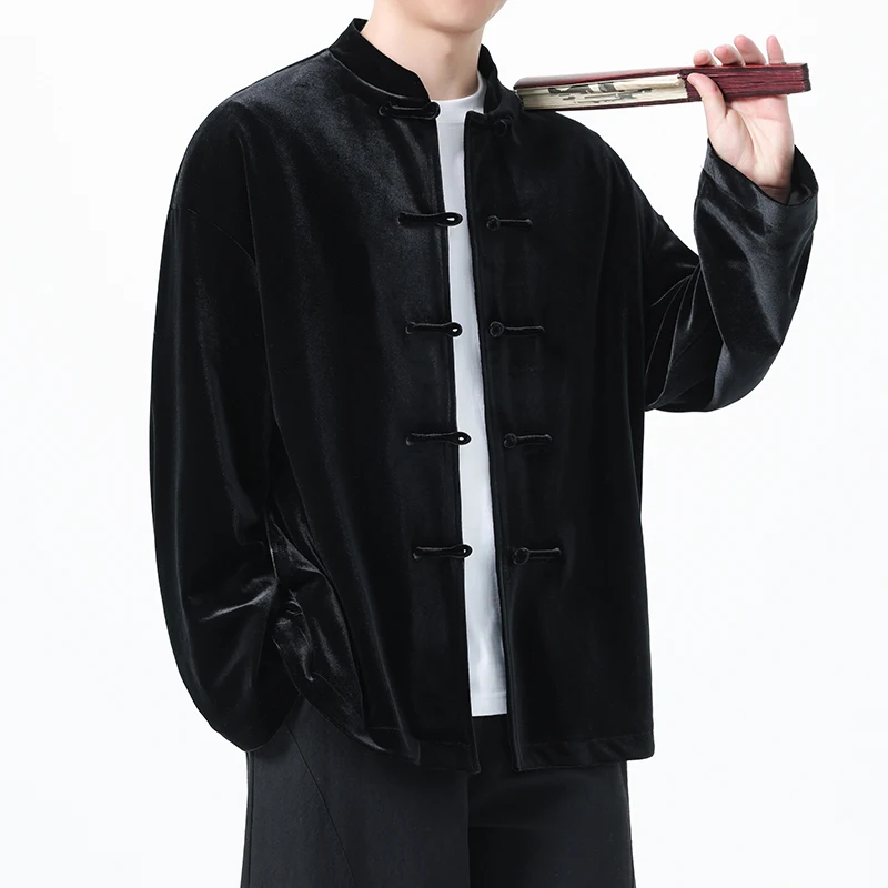 M-XXXXXL Plus Size Men's Vintage Chinese Style Stand Collar Long Sleeve Loose Flannel Coats Frog Button Casual Clothing Tops 5XL