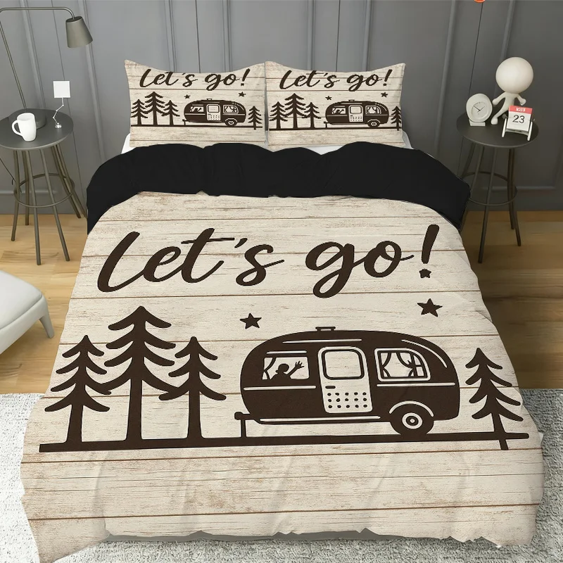 Camper Car Duvet Cover Set Twin Queen Size,Cartoon Bedding Set Happy Camping Comforter Cover Rustic Farmhouse Style Quilt Cover