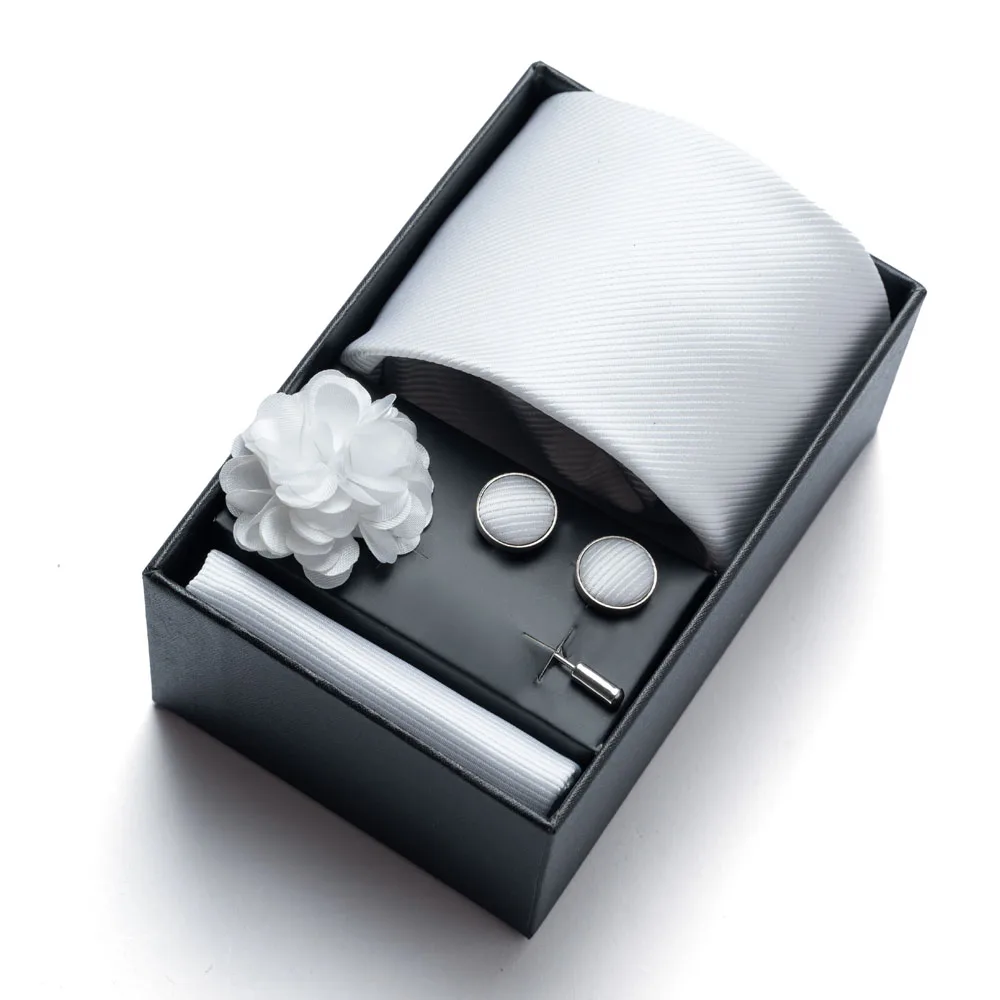 4-teiliges Set – einfarbige Herrenkrawatte, Einstecktuch, Manschettenknöpfe und Ansteckblume, hochwertige Geschenkbox, stilvoll und praktisch, El – Detail 7