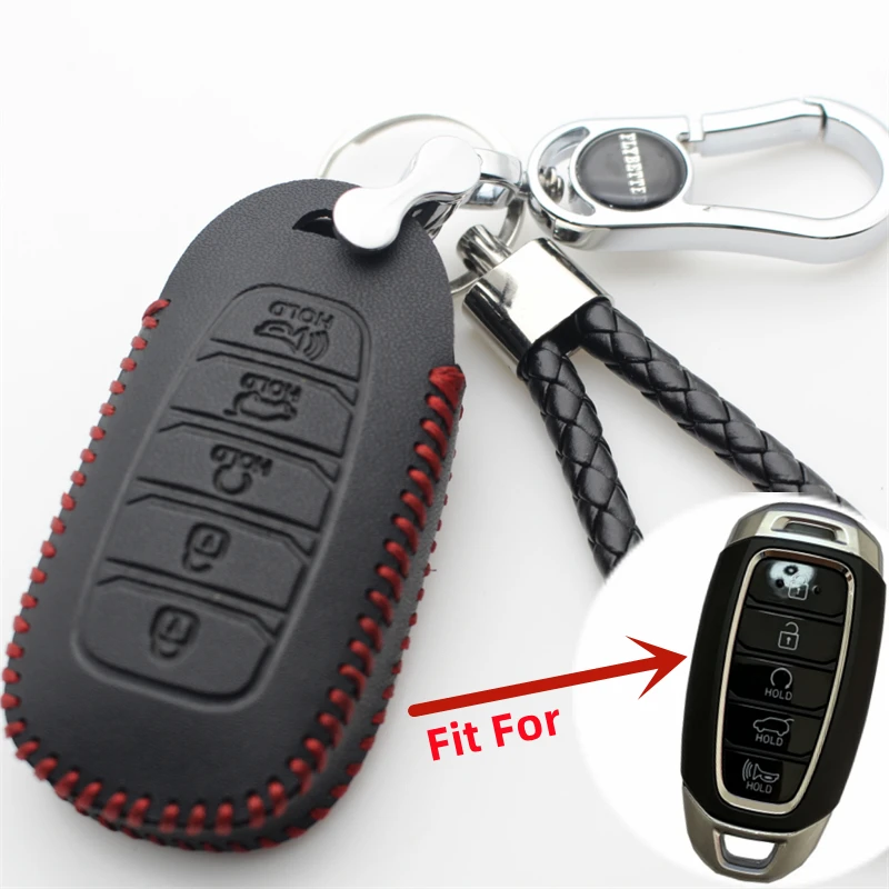 Genuine Leather 5Button Key Case Cover For Hyundai KONA Encino Solaris Azera Grandeur Accent Santa Fe Palisa