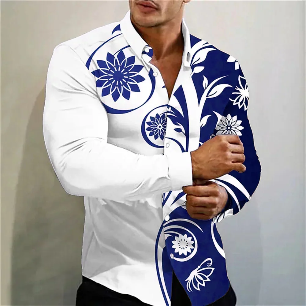 2024 neues mehrfarbiges Modehemd mit Blumen druck für soziale Partys, langärmliges Cardigan-Shirt für Herren mit Revers und Übergrößen XS-6XL