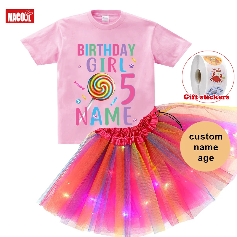 Lollipop Candy Birthday Party Outfits Girls Birthday Outfit Custom Name Dress 3PC Kids T-shirt+Girls\' Skirt+Children\'s Stickers