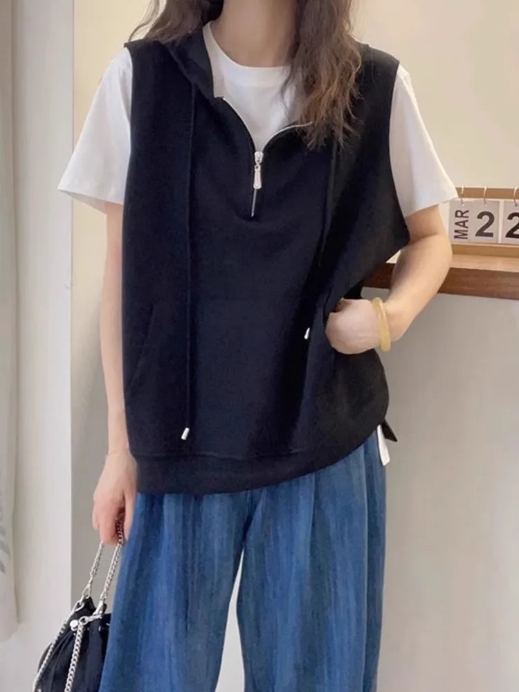 

Ele Summer Two-Piece Set ort Sve Top Unique oulder f Open Zipper Vest Commute Sle Korean Version Straight Cut