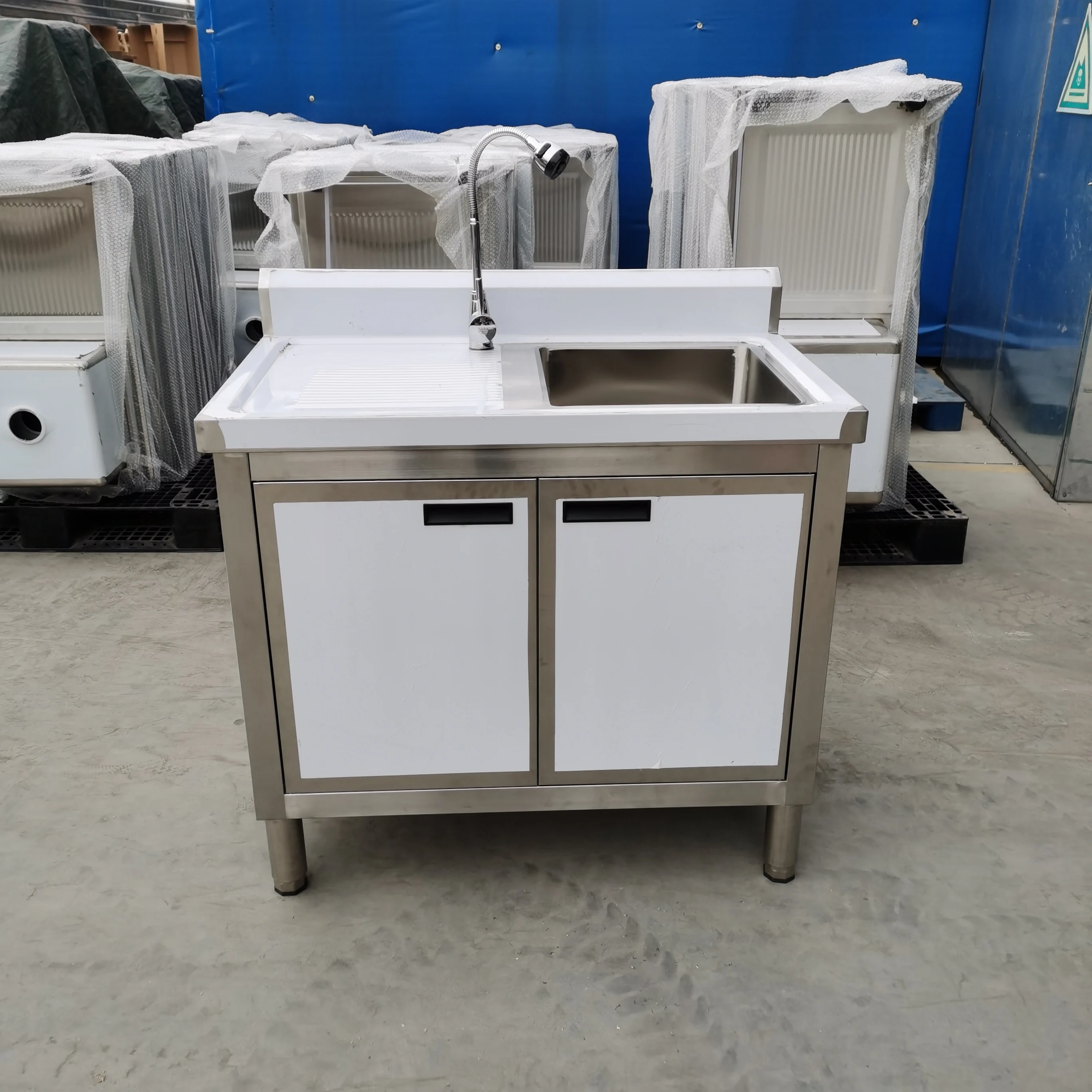 Modern Commercial Sink Cabinet Drainboard Stainless Steel Single Bowl Brushed Surface Sink Cabinet for Buffet Equipment