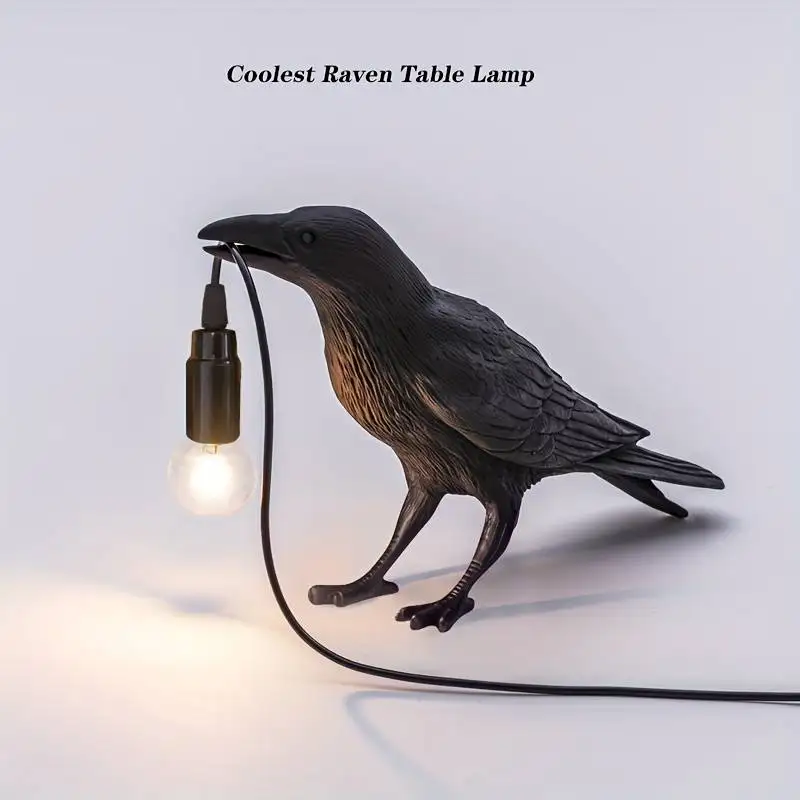 E14 Bulb with Plug Gothic Raven Lamp Vintage Resin Bird Lamp for Nightstand, Office, Living Room Farmhouse Art Deco Style