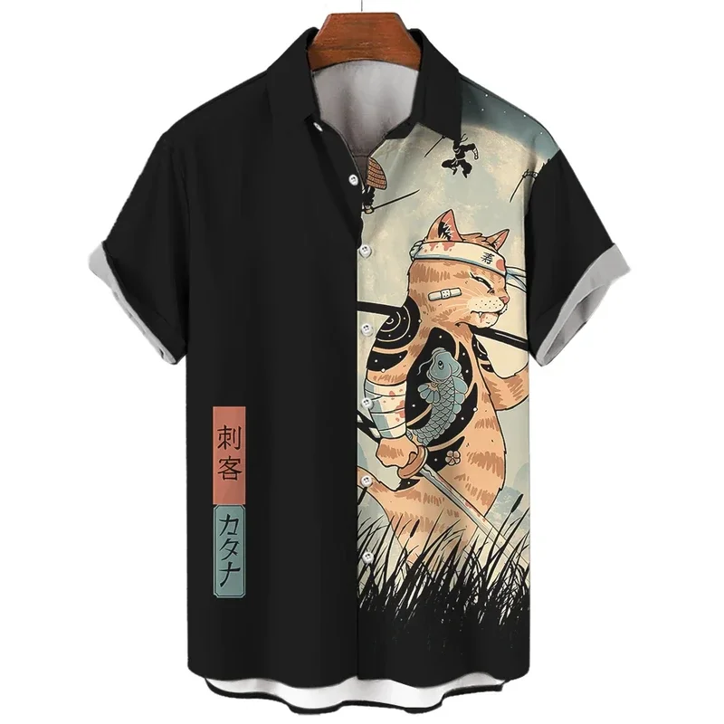 Fashion Men\'S Shirt Cool Samurai Cat Tops Summer New Men\'S Clothing Casual Short-Sleeved Buttons Loose Blouse Hawaiian Shirts