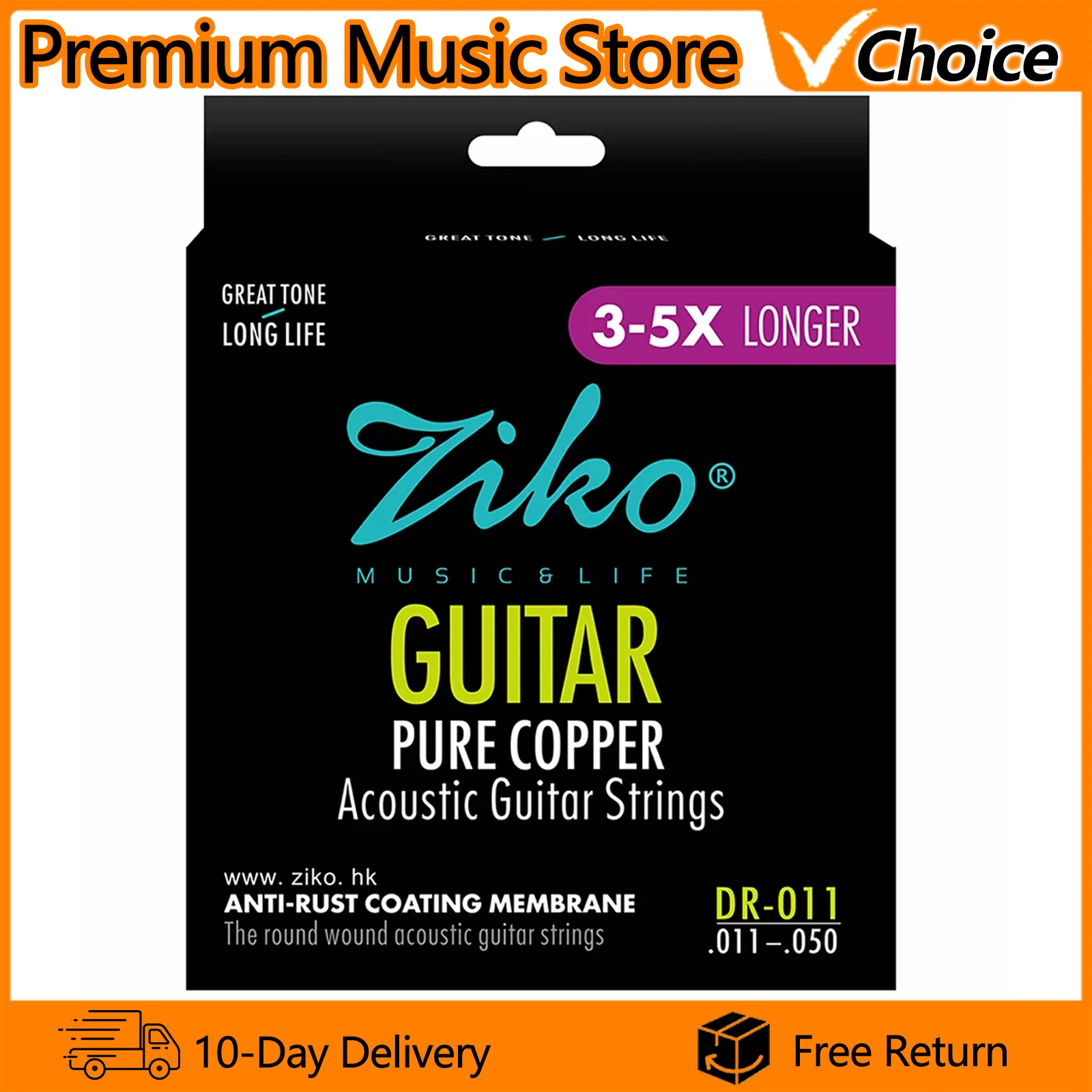 ZIKO Acoustic Guitar Strings DR-011 Hexagon Alloy Wire Pure Copper Wound Anti-Rust Coating Folk Guitar Strings Accessories