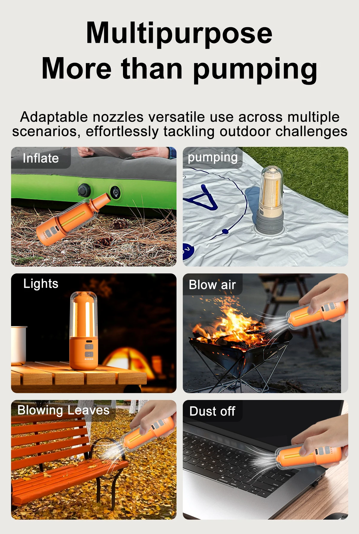 NEUE Tragbare Luftpumpe für Aufblasbare Gegenstände 430L/min Ultraschnelle Luftmatratzenpumpe, 2000 mAh Akku & Campinglampe, Elektrische Luftpumpe – Detail 8