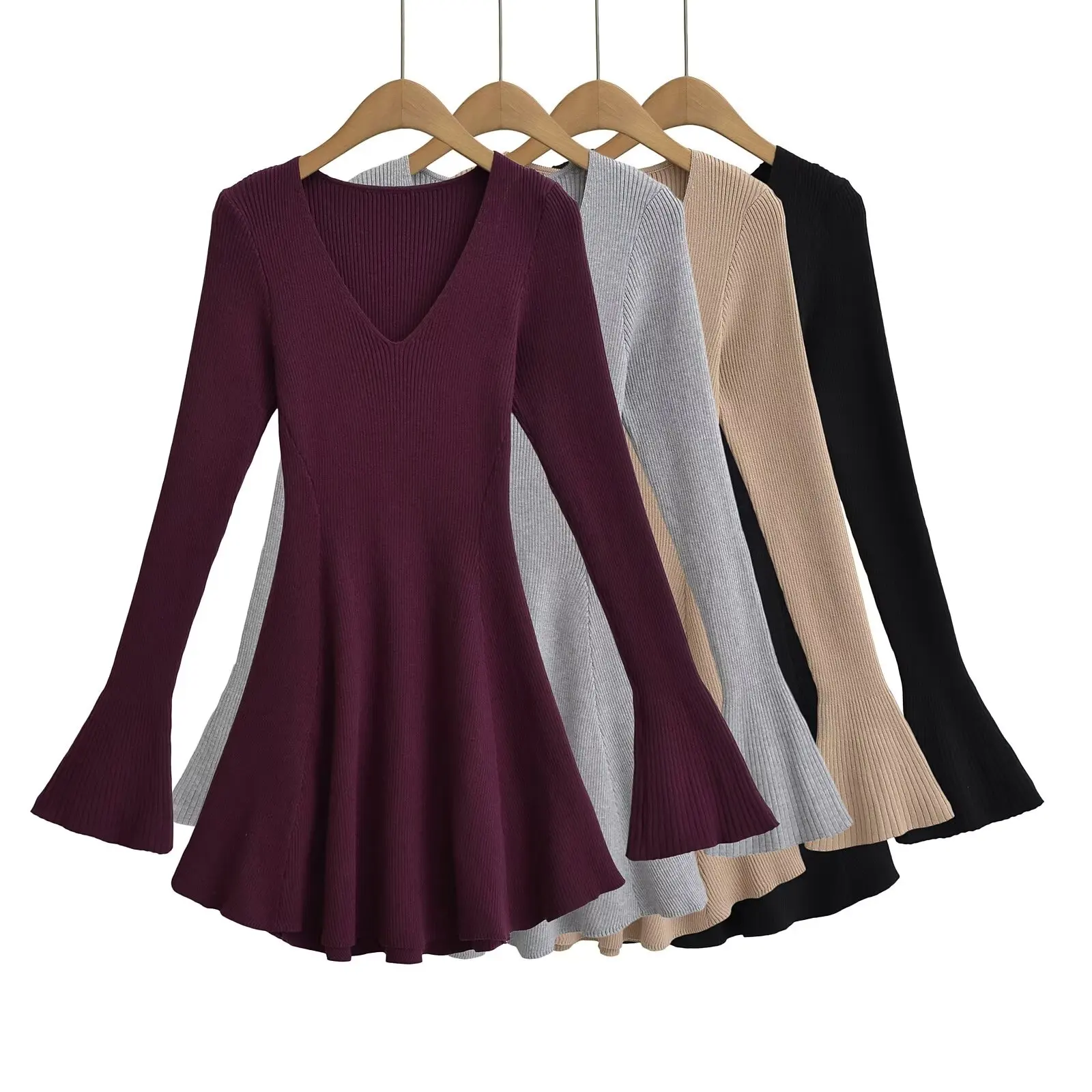 

Женское трикотажное платье в рубчик с v-образным вырезом и расклешенными рукавами, эластичные тонкие мини-платья однотонного цвета