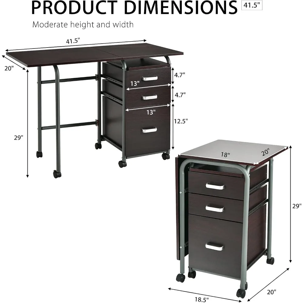 مكتب كمبيوتر قابل للطي مع 3 أدراج تخزين، مكتب مكتب منزلي متنقل، مكتب كتابة للدراسة بعجلات ناعمة، سبيس سافي. #3