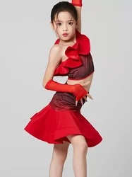 Kids Girls Latin Dance Ruffles Top Large Skirt Hem Gradient Red Ballroom Rumba Dancewear Training Chacha Performance Costumes