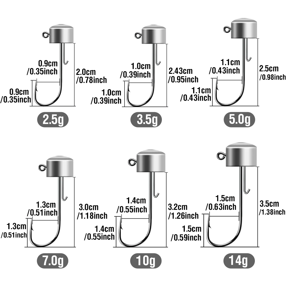 Ned Rig Jig Heads Angelhaken 20 Stück Pilzkopfhaken 2,5–14 g Angelgerät aus Kohlenstoffstahl für weiche Kunststoffköder – Detail 2