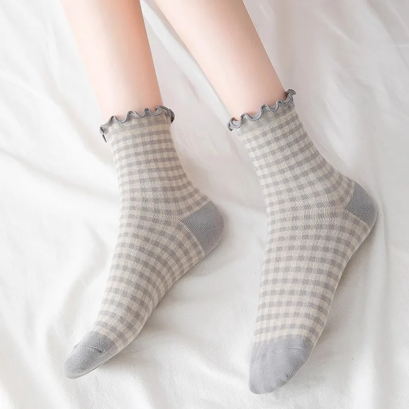 Women's Socks Autumn Checkered Retro Vintage Cotton Socks Crew Comfortable Color Fashion Sock Elastic Plaid Short Socks
