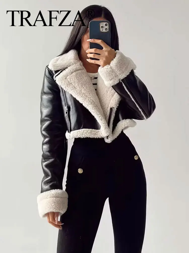 TRAFZA Winter Coat For Women 2024 Black Lapel Long Sleeves Female Zipper Short Jackets Top Streetwear Woman New In OuterCoat