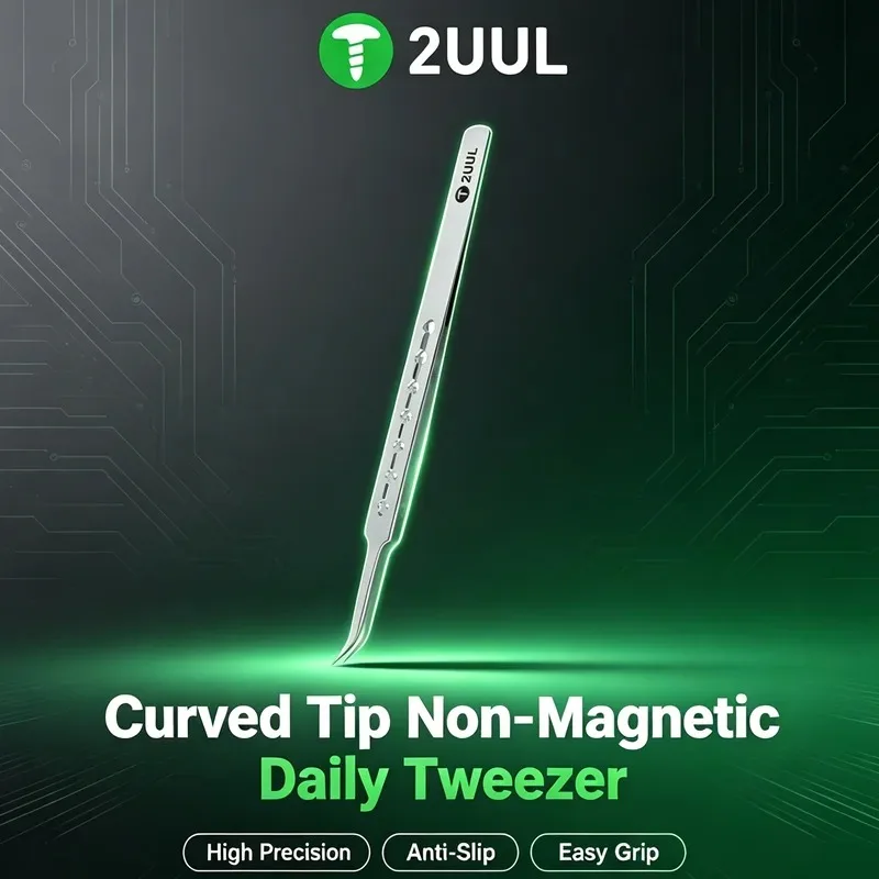 2UUL TW23 Curved Non Magnetic Precision Tweezers Stainless Steel Anti Slip Fine Curved Tip Tweezers For PCB Phone Repair Tools