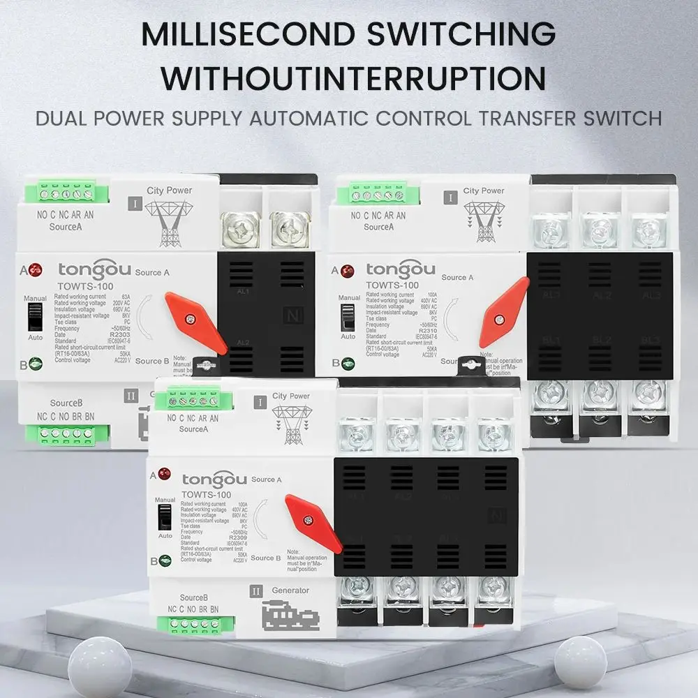 Din Rail 2P 3P 4P ATS Dual Power Automatic Transfer Switch Electrical Selector Switches Uninterrupted Power 63A 100A TONGOU Mini