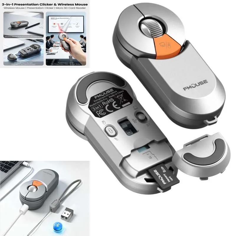 with Bluetooth 2.4G Wireless Mouse Rechargeable Wired Mice PPT Scroll Reader with 8GB TF Card Micro SD Reader Memory Adapter