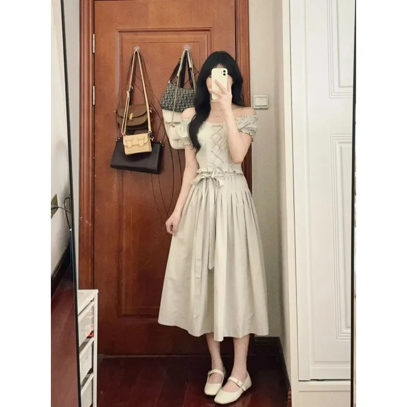 Summer Women Pure Desire Off Shoulder Puff Sleeve Top High Waist Midi Skirt Two Piece Set