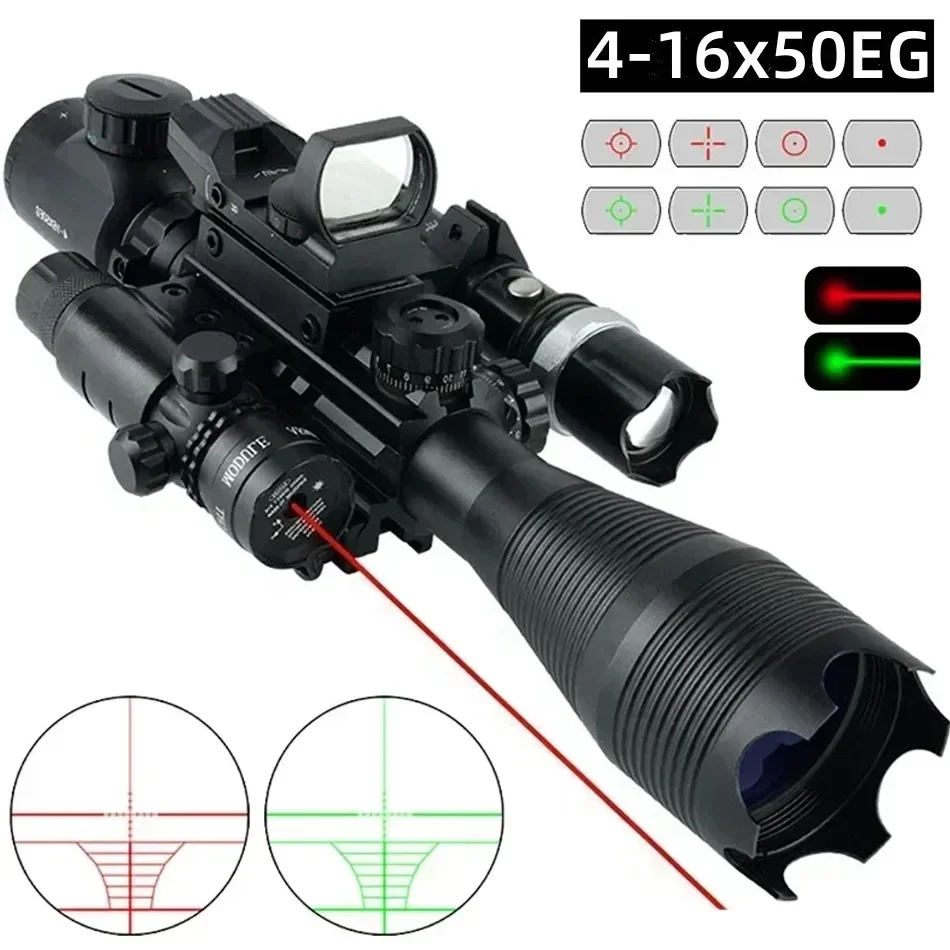 Tactical Rifle Scope 4-16X50EG Long Range Shooting Optic Sight Red Green Laser Flashlight Red Dot Combo Riflescope for Hunting