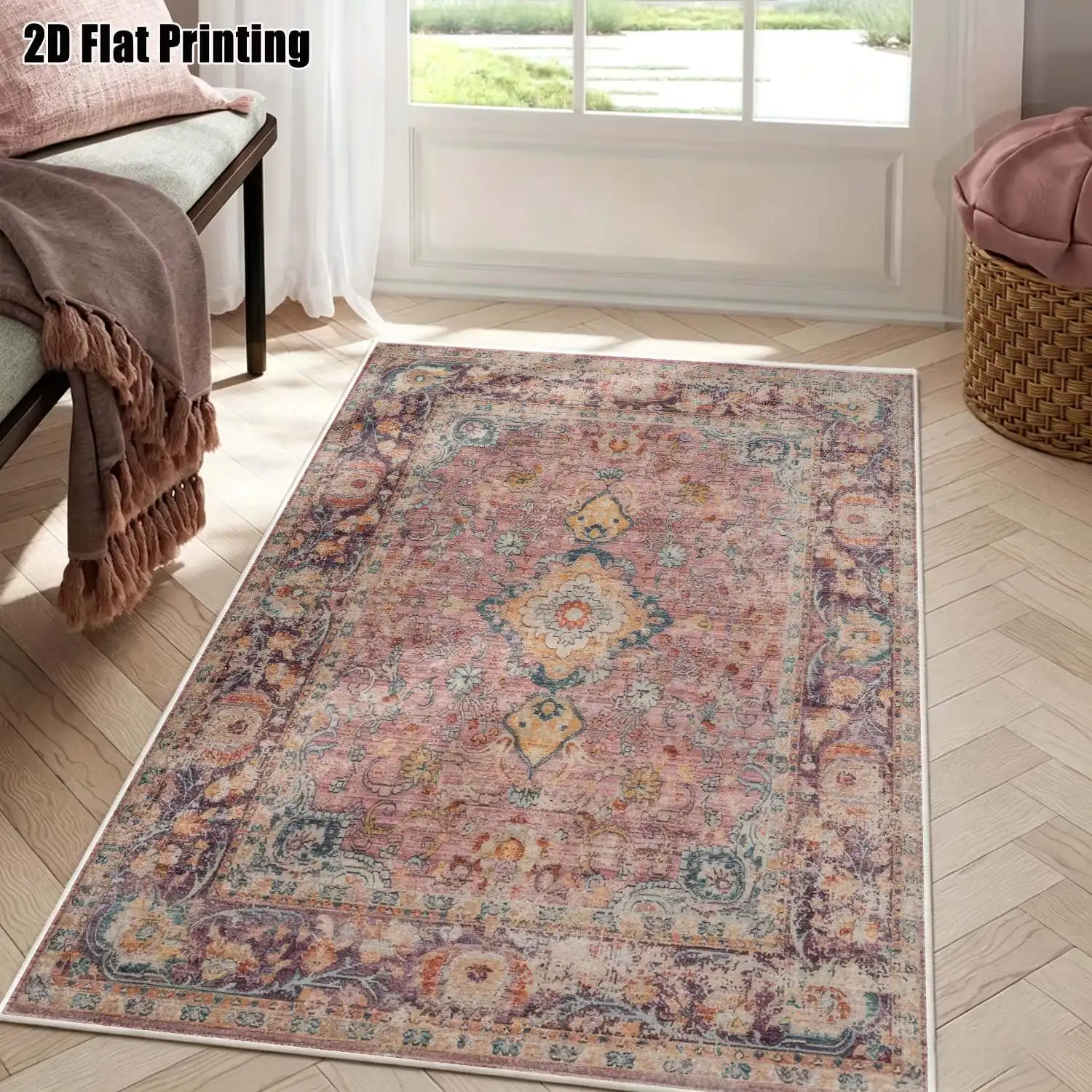 1Pc 2D Printed Retro Pink-Blue Floral Velvet Carpet, European Vintage Boho Home Decor Rug, Multi-Size Machine Washable, Multi-Use for Entrance/Dining/Bedroom/Living Room
