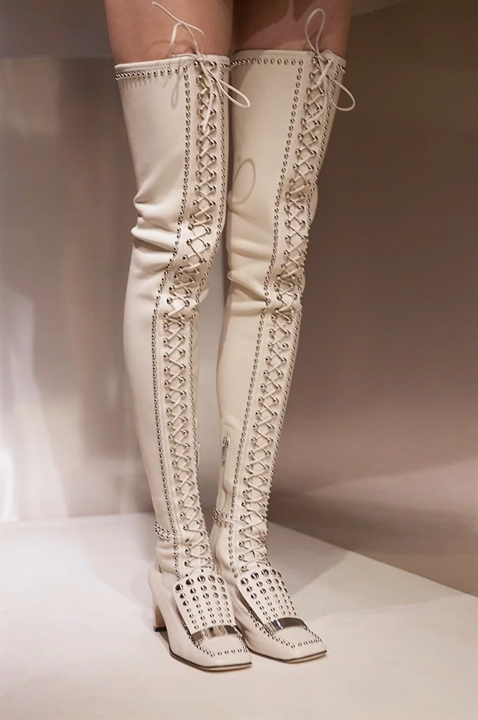 New Autumn/Winter Women's White/Black Over The Knee Boots Lace Up Silver Stud Decor Square Toe Chunky Heel Long Boots Large Size