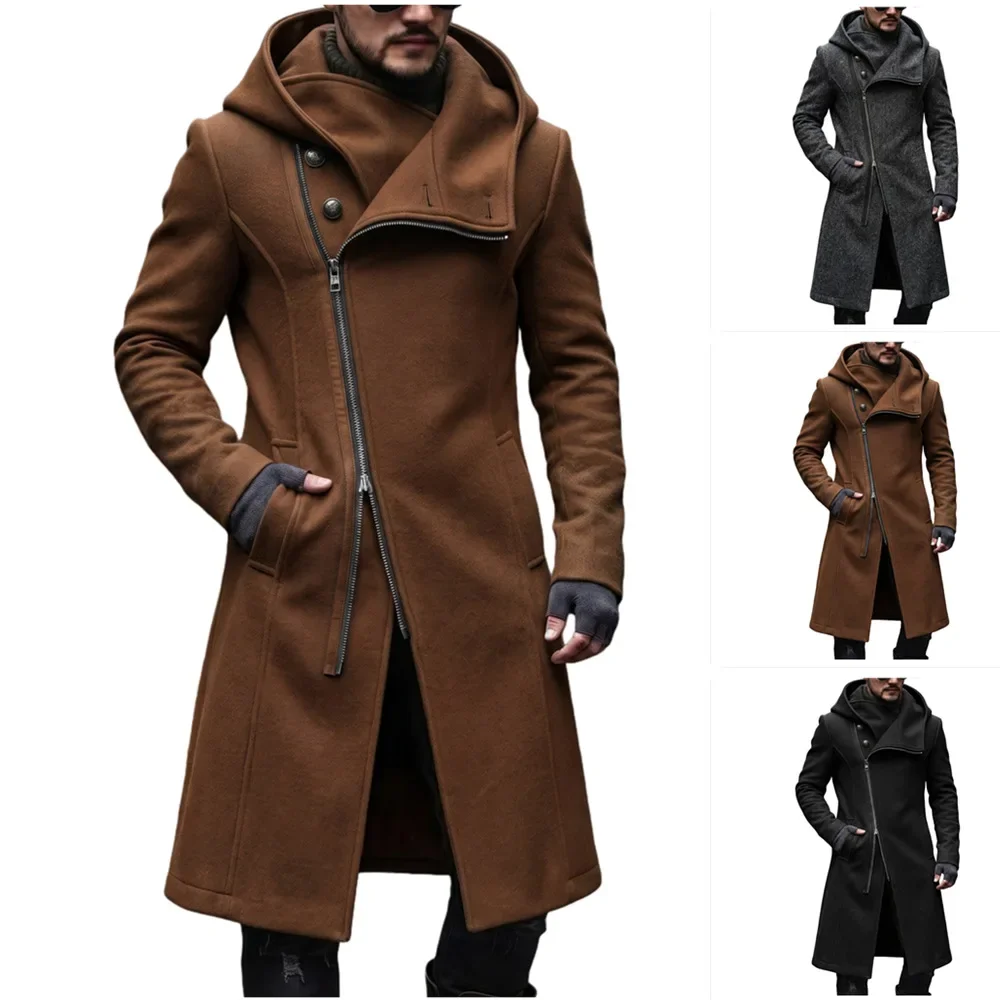 Men Hooded Jacket Wool Blends Long Coats Zipper Overcoat Full Sleeve Casual Y2k Streetwear Work Trench Coat Solid Autumn Winter